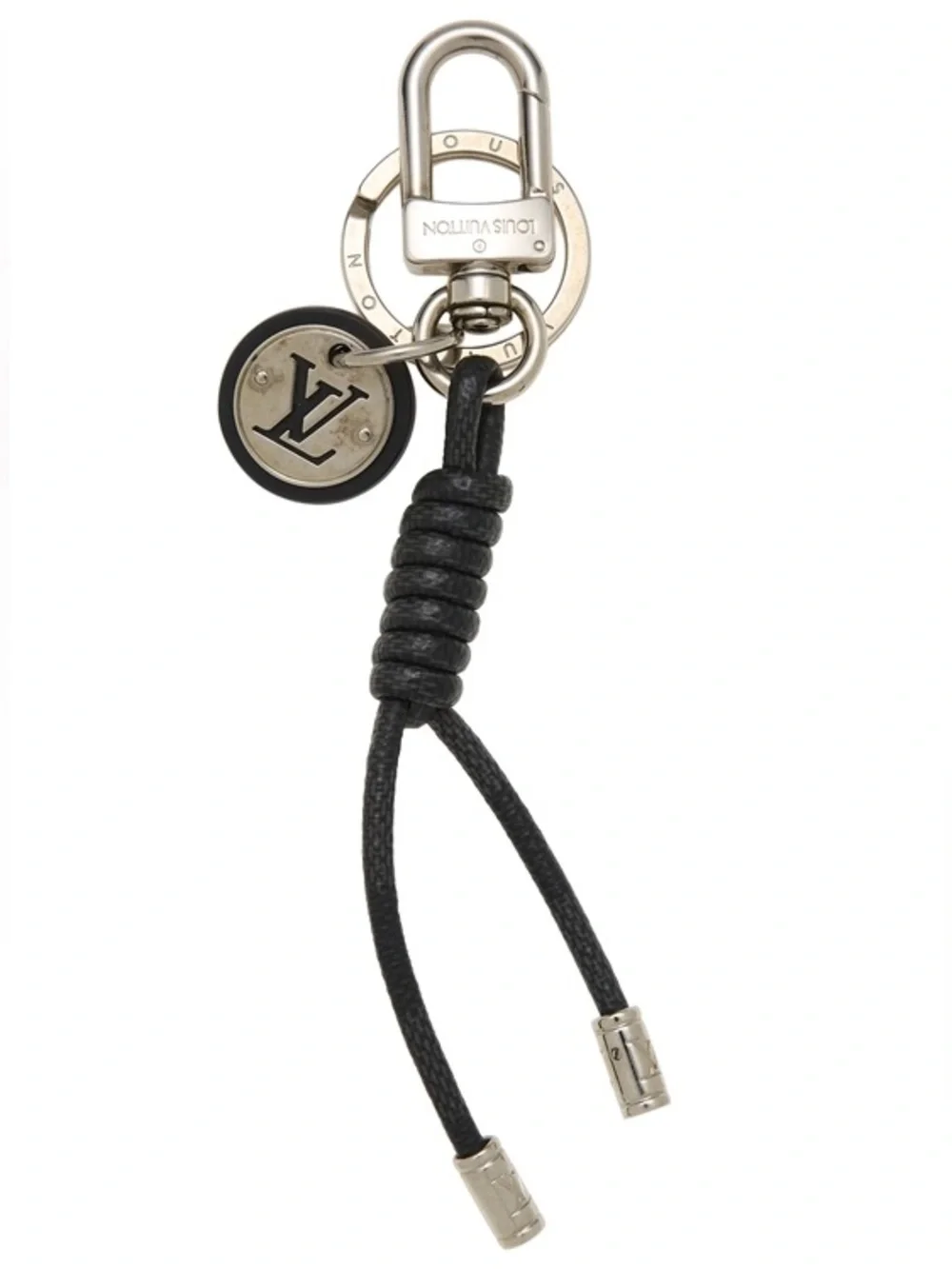 Louis Vuitton Silver Gray Black Leather Damier Key Holder Cord Keyring
